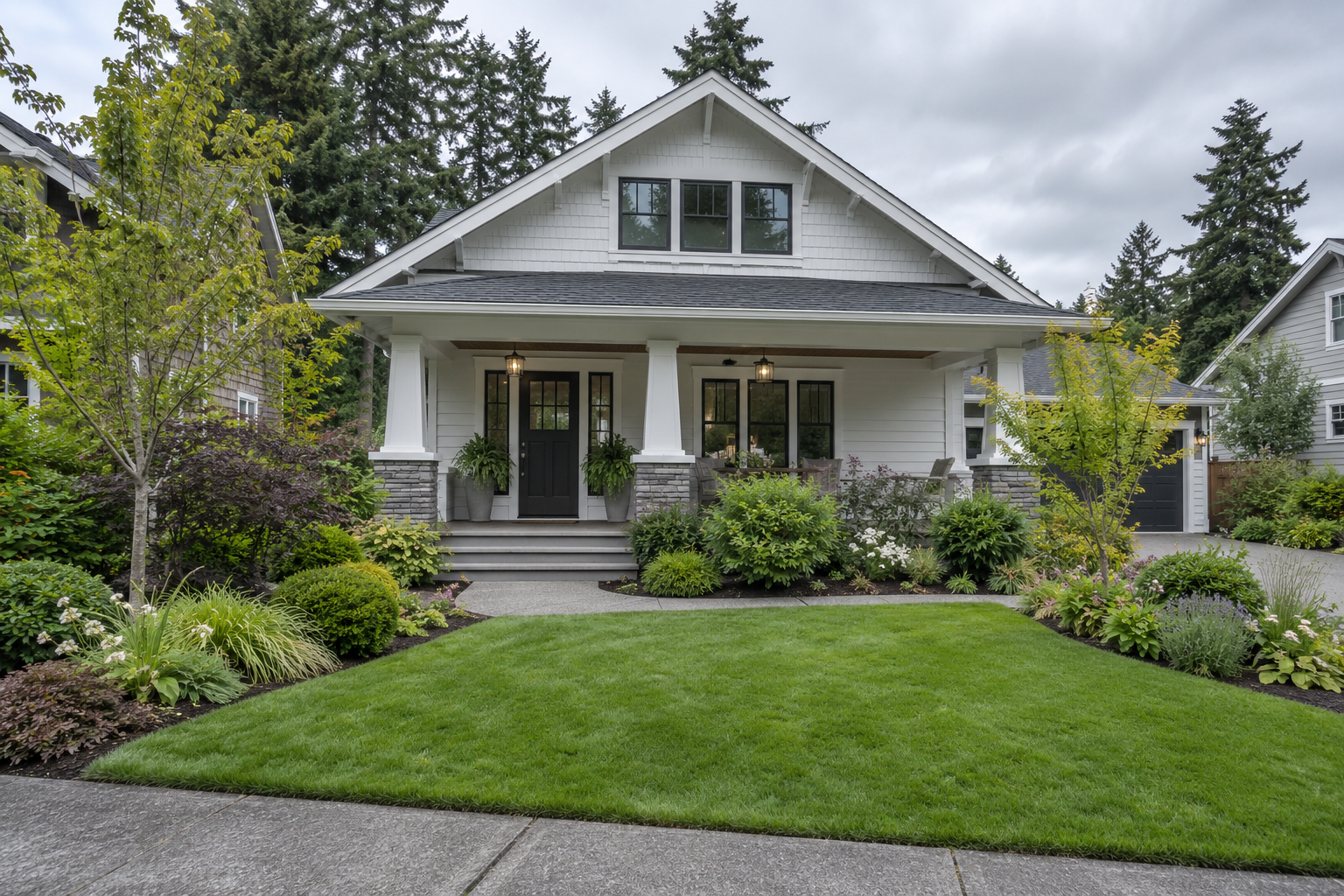 Illustrative landscaped front yard beside a white house